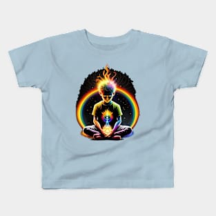 Rainbow Boy Meditation Amidst Fiery Heart Burst Tee (Design 2) Kids T-Shirt